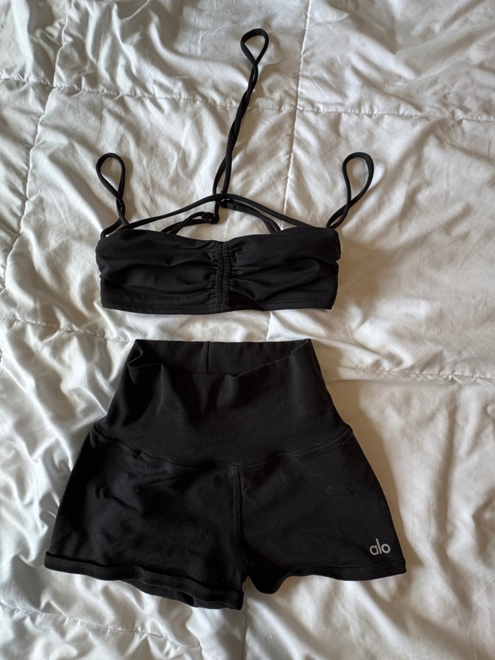 ALO Yoga Black Strappy Sports Bra and High Waist Shorts Set